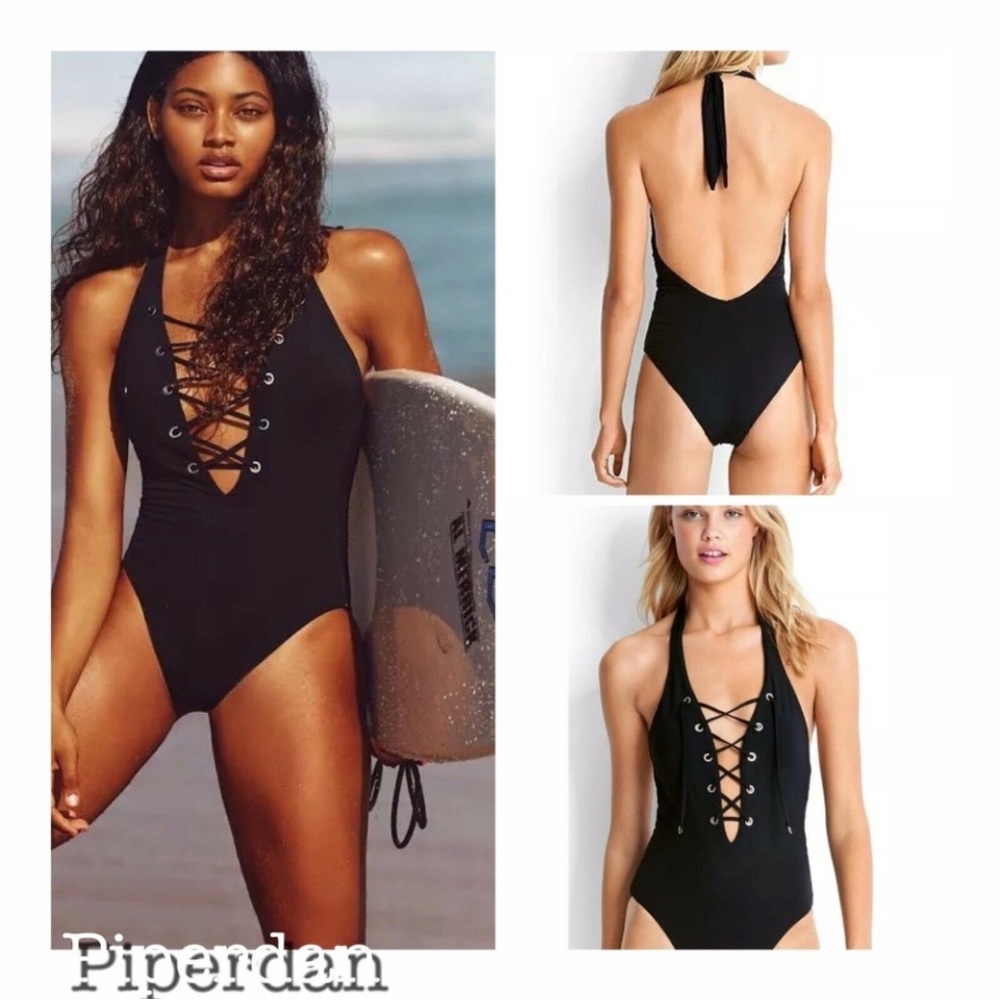 Seafolly Lace Up Plunge One Piece Swimsuit Black Halter